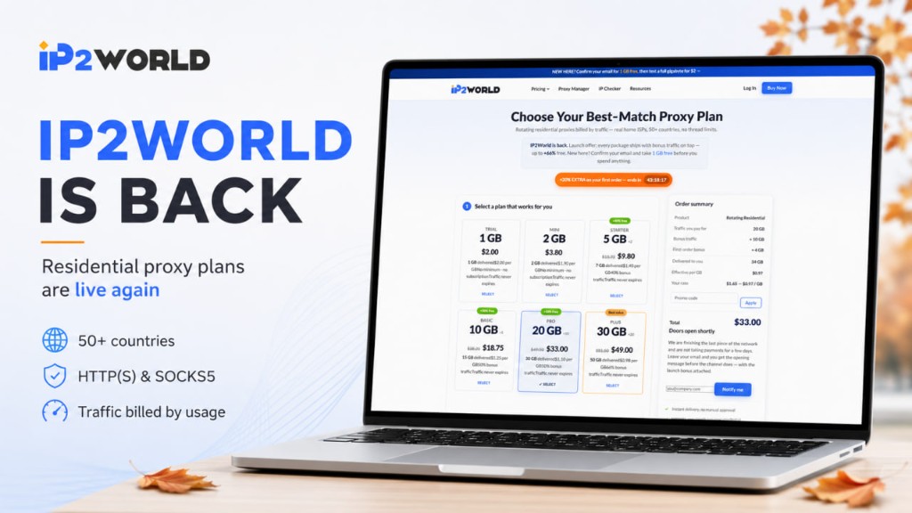 IP2World is back — residential proxy plans are live again. 50+ countries, HTTP(S) & SOCKS5, traffic billed by usage.