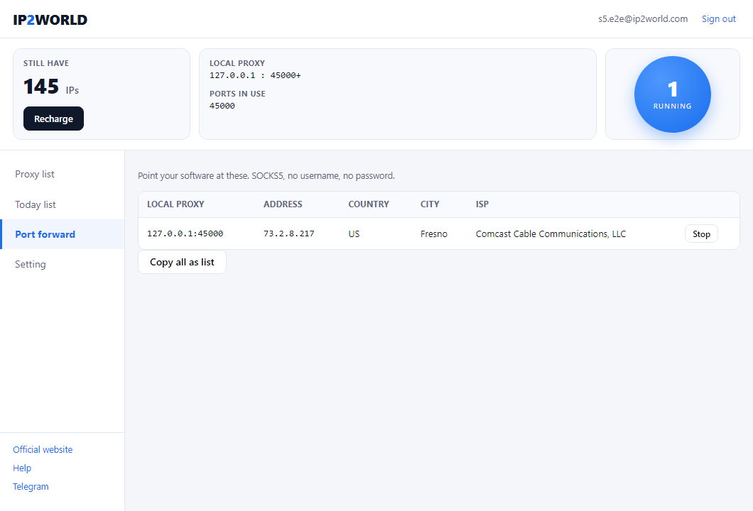 The port forward list showing 127.0.0.1:45000 bound to a US address
